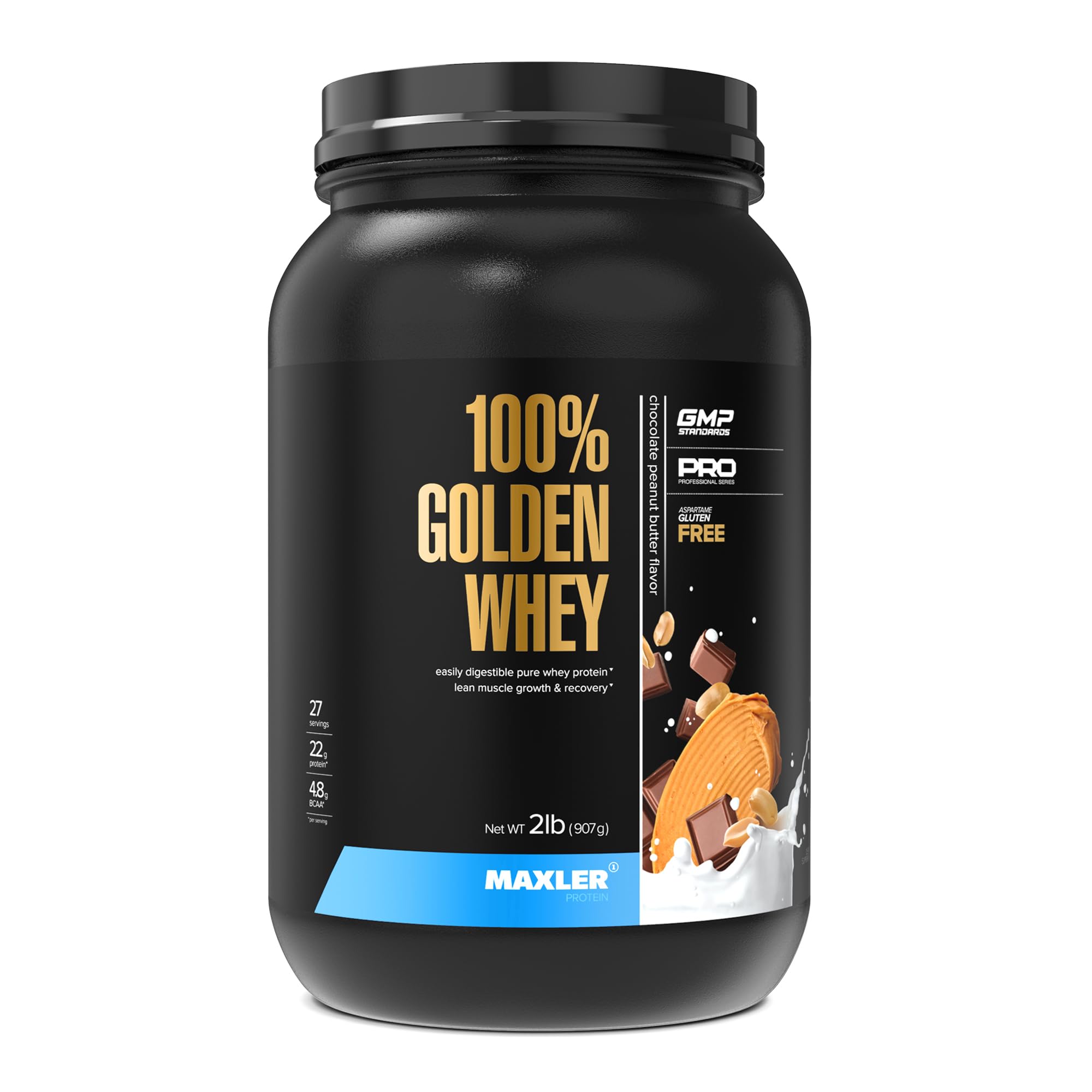 Maxler 100% Golden Whey, frente del envase, ideal para empezar sesiones de entrenamiento.