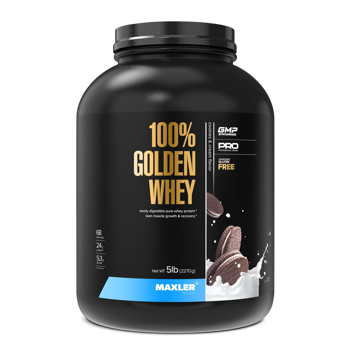 Maxler proteína de suero dorada en presentación, perfecto para entrenamientos y batidos.