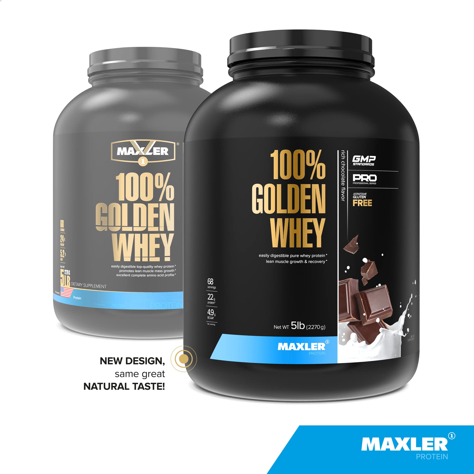 Etiqueta de Maxler 100% Golden Whey con información nutricional clave.