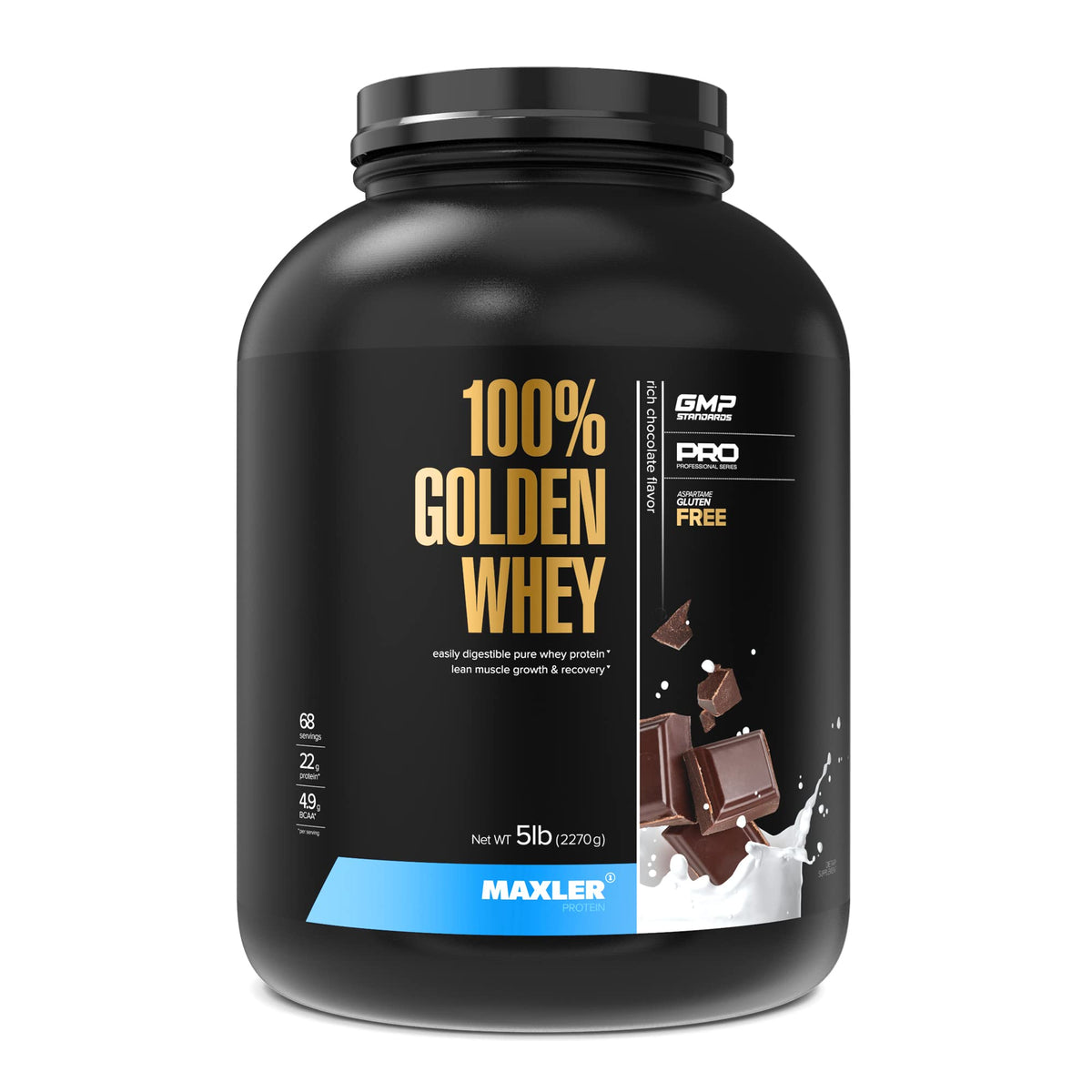 Maxler 100% Golden Whey en lata frontal para entrenamiento diario.