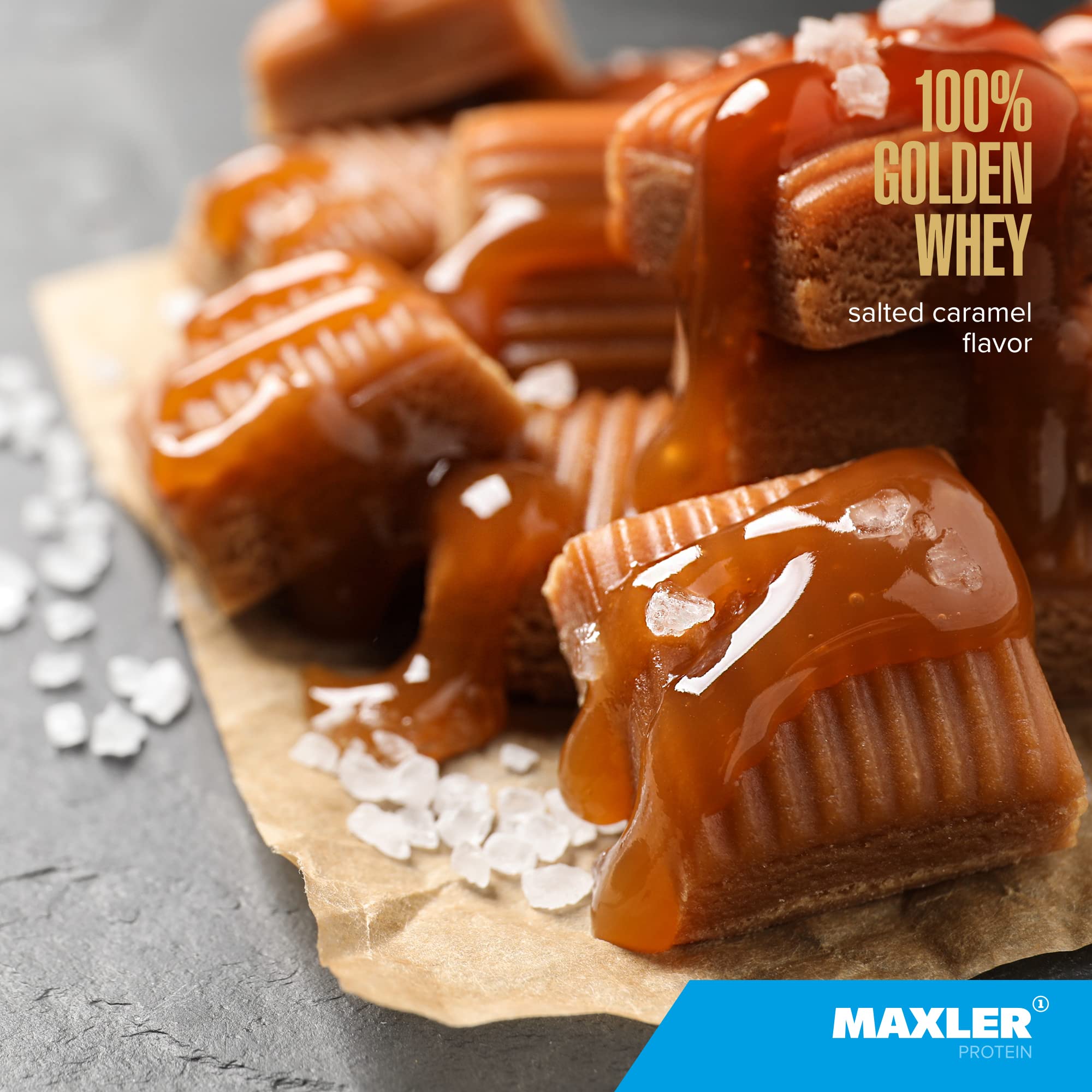 Sabor caramelo salado de Maxler Golden Whey para batidos deliciosos.