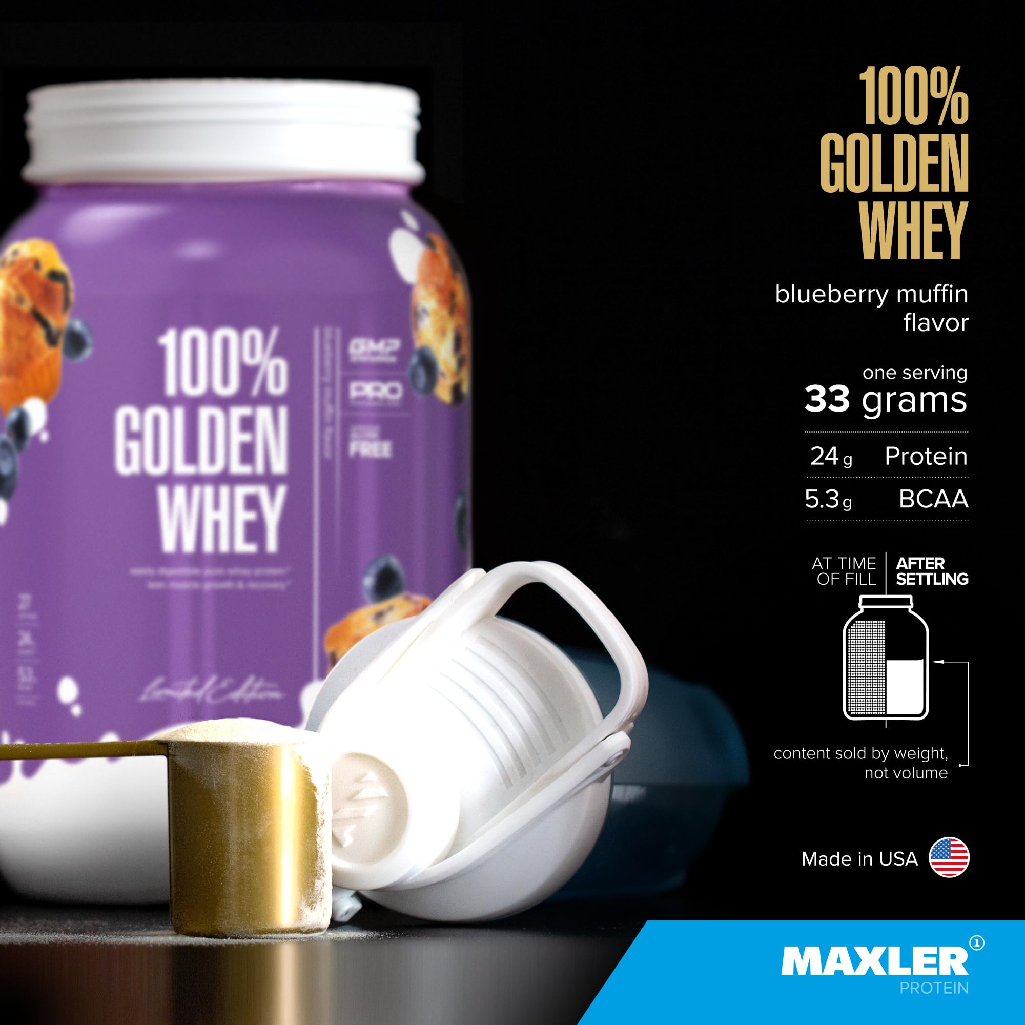 Maxler 100% Golden Whey, variedad de sabores, ideal para incorporar a tu rutina post-entrenamiento.