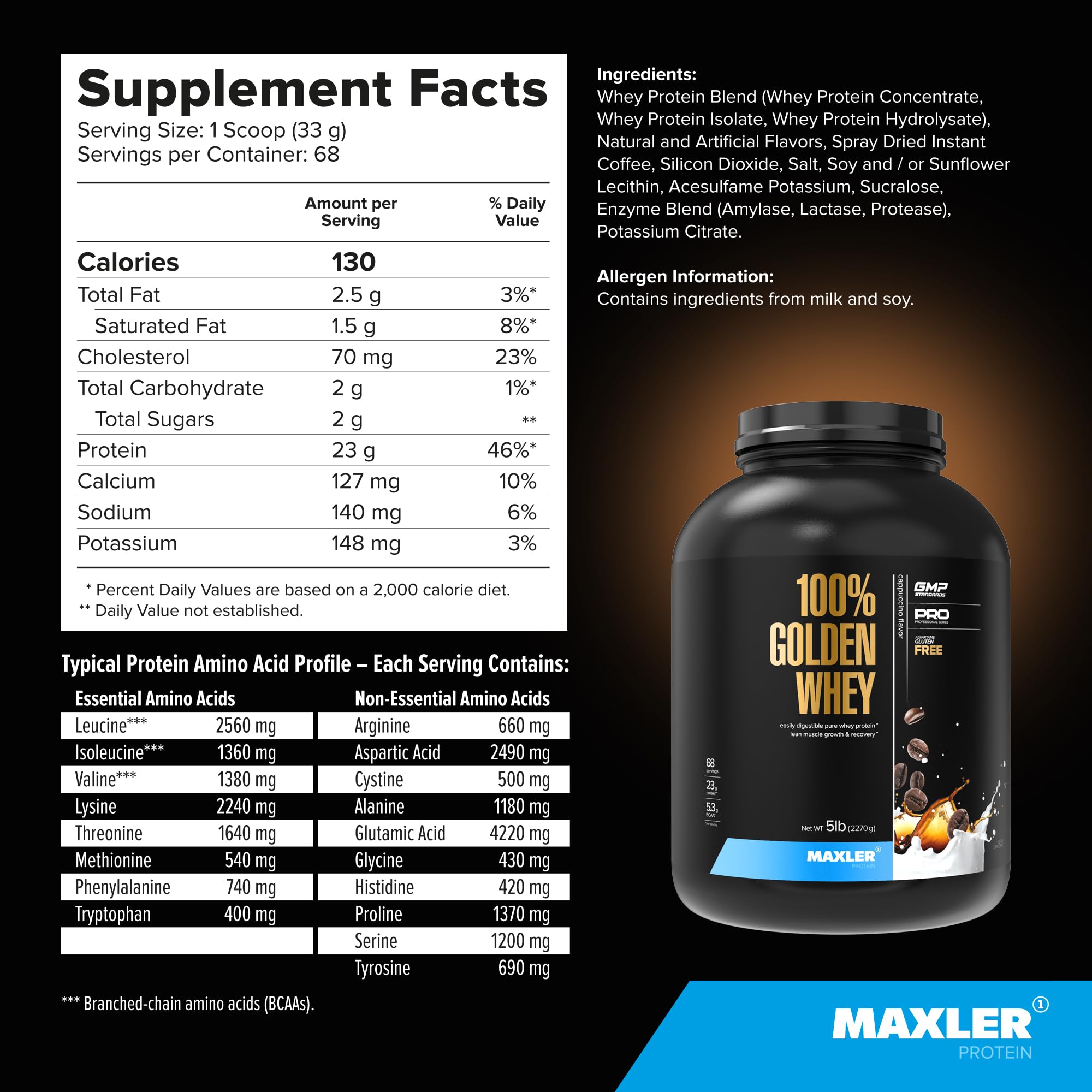 Etiqueta de Maxler Golden Whey cappuccino con sello USA