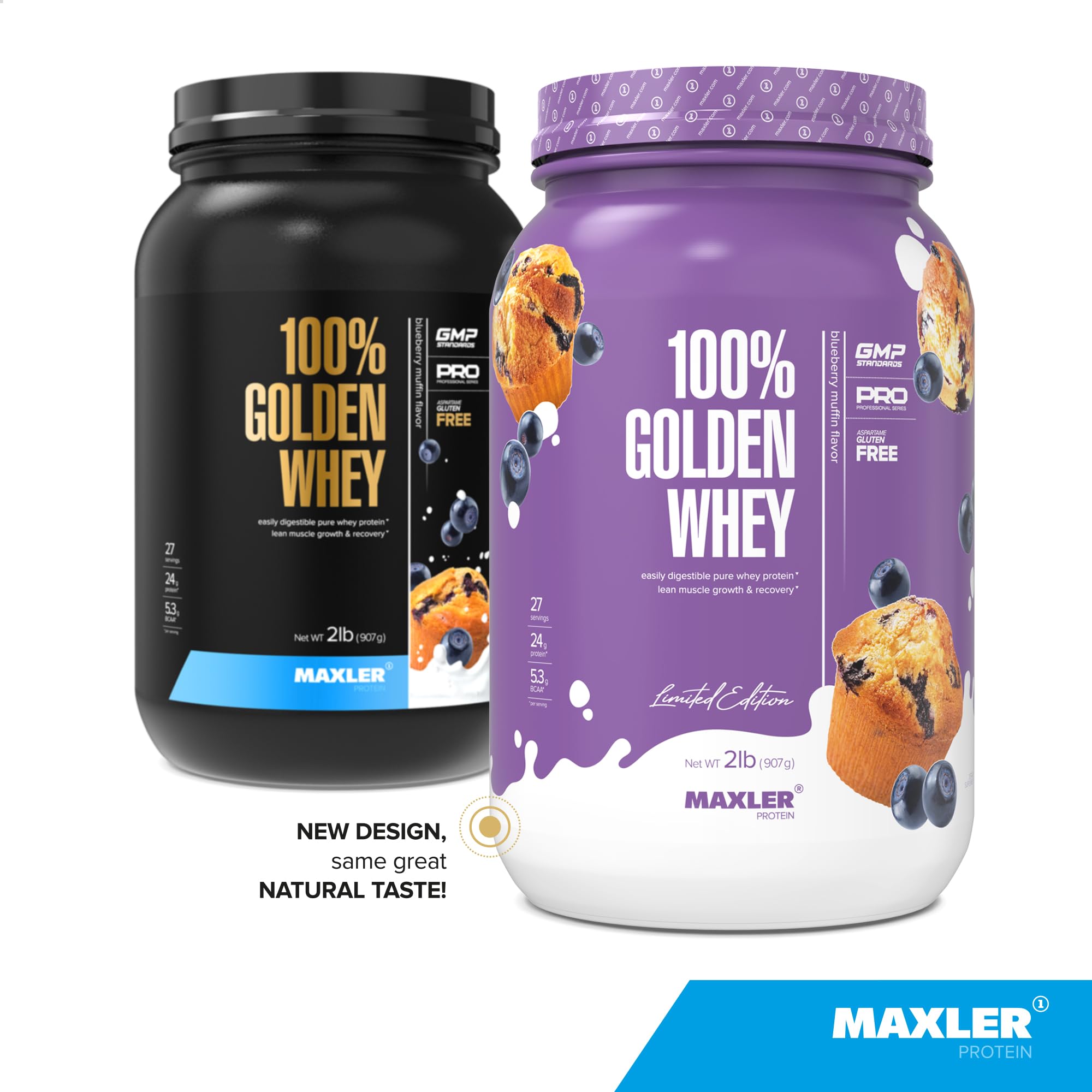 Maxler 100% Golden Whey con cuchara medidora para medir dosis.