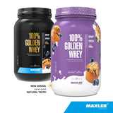 Maxler 100% Golden Whey con cuchara medidora para medir dosis.