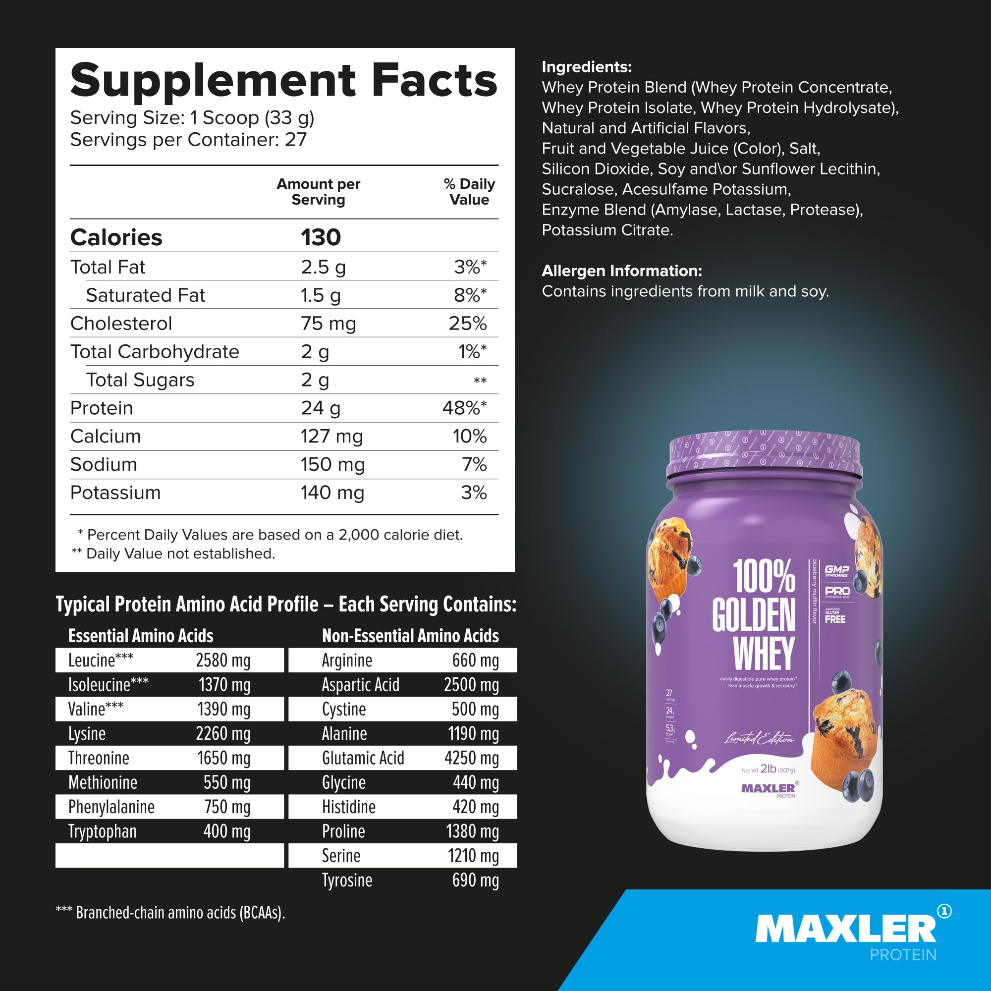 Maxler 100% Golden Whey, más de diez sabores disponibles.