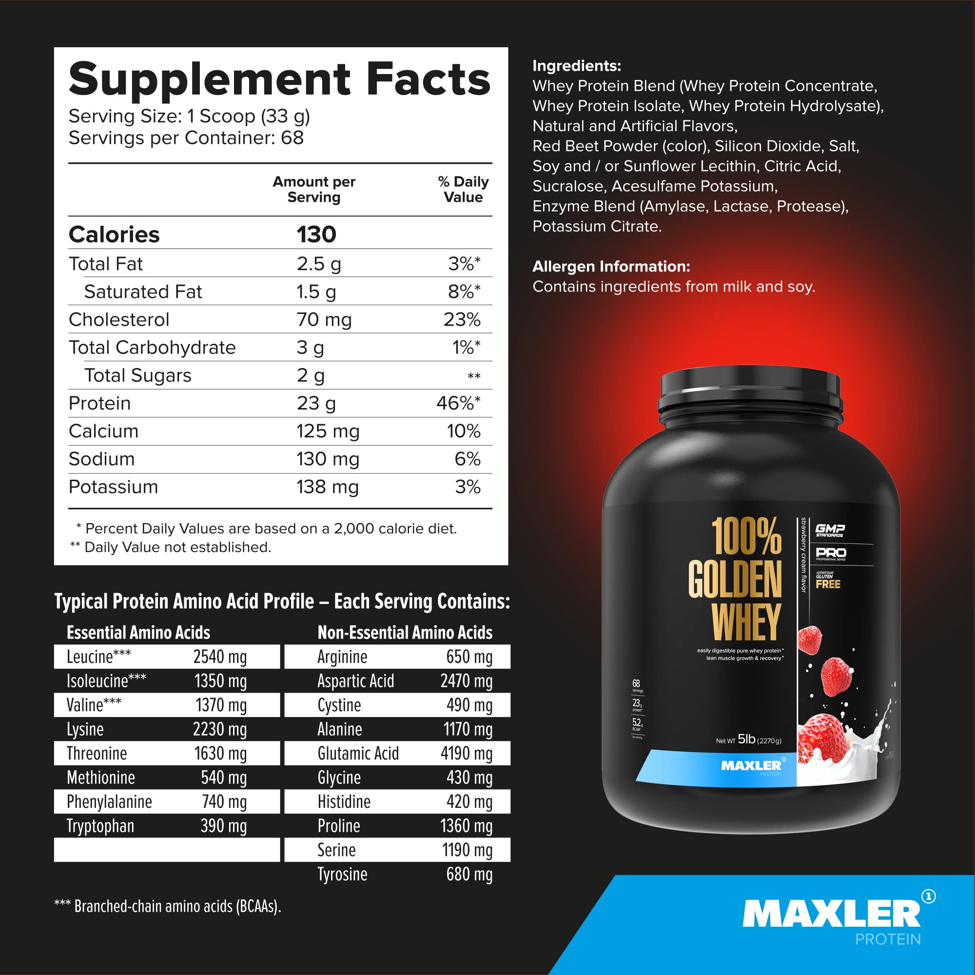Tabla nutricional clara de Maxler proteína de suero para planificar ingestas.