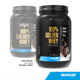 Maxler proteína de suero dorado batido en vaso suave y delicioso.
