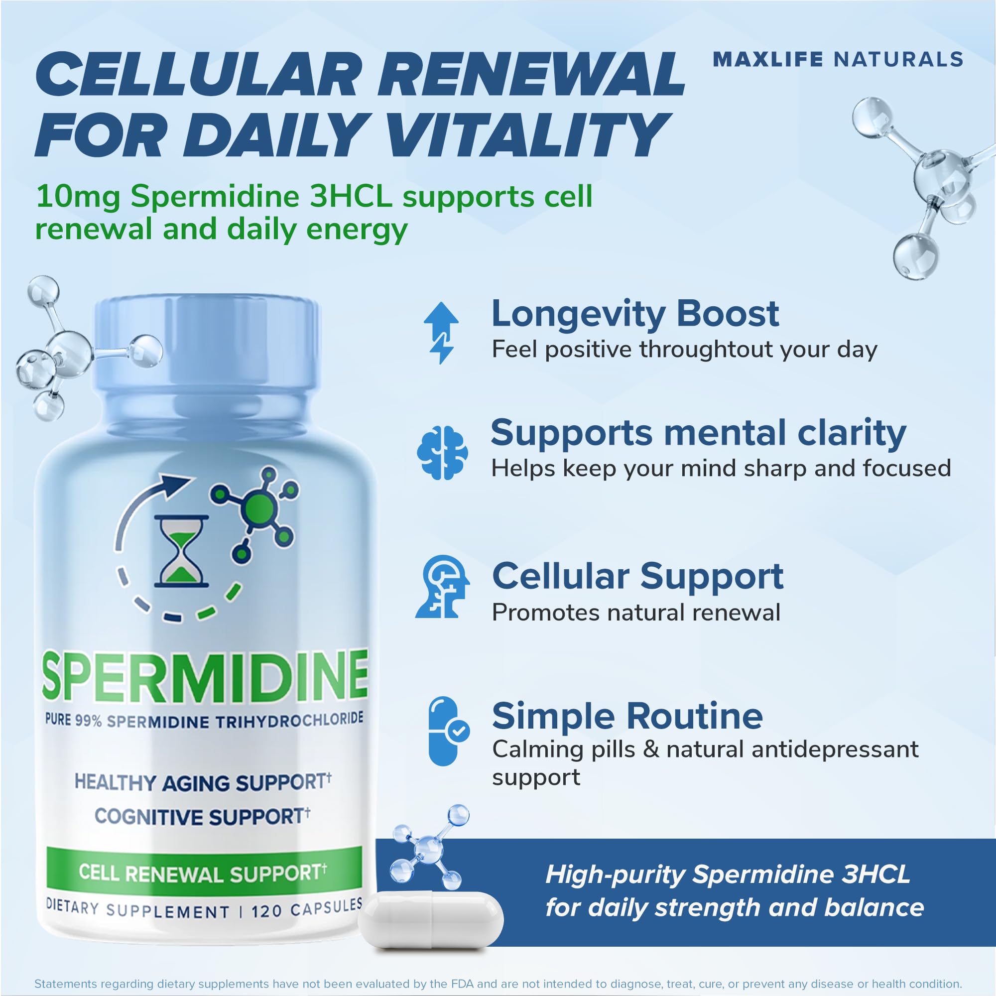 MAXLIFE NATURALS Spermidina 3HCL etiqueta frontal: información clara sobre uso