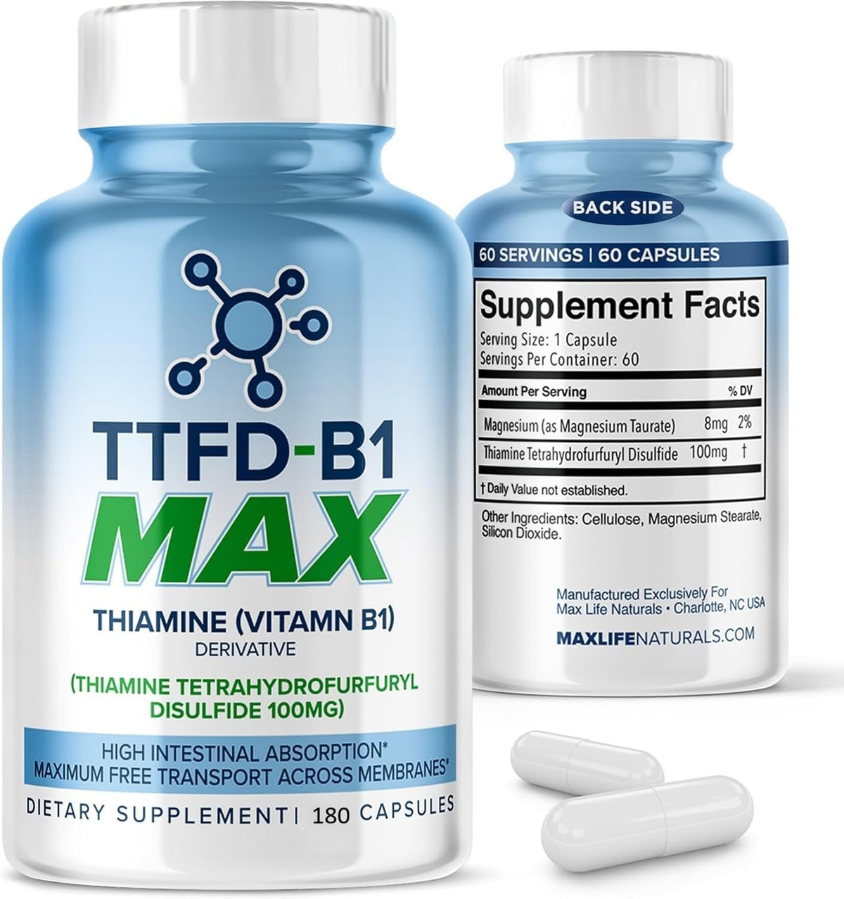 MAXLIFE NATURALS TTFD cápsulas en frasco, posible impulso de concentración diaria