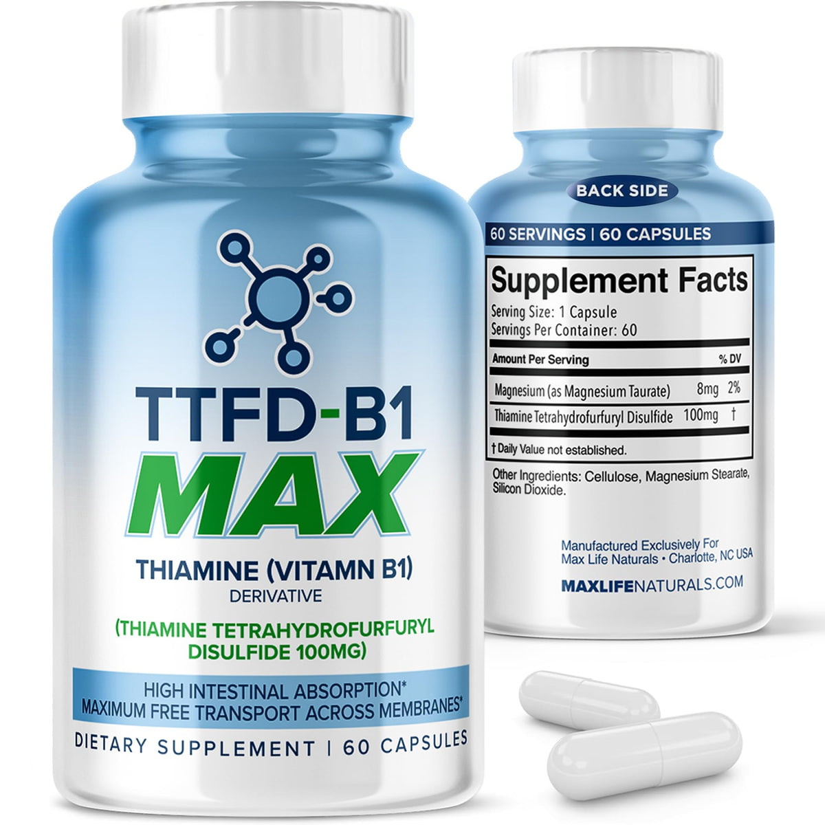 MAXLIFE NATURALS TTFD tiamina B1 en botella para energía sostenida