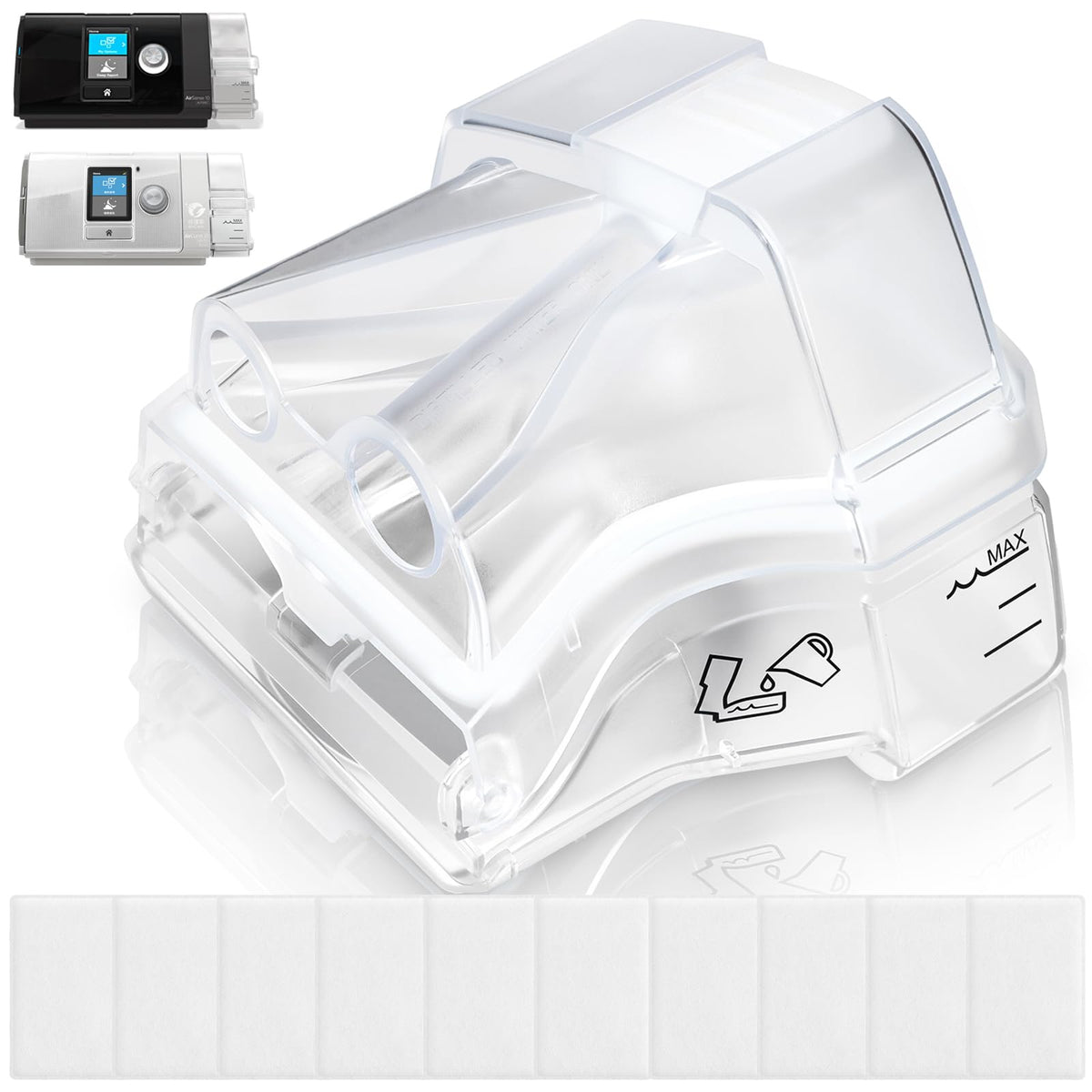 MAXMEDI cámara de agua para AirSense 10: instalación rápida y compatible.