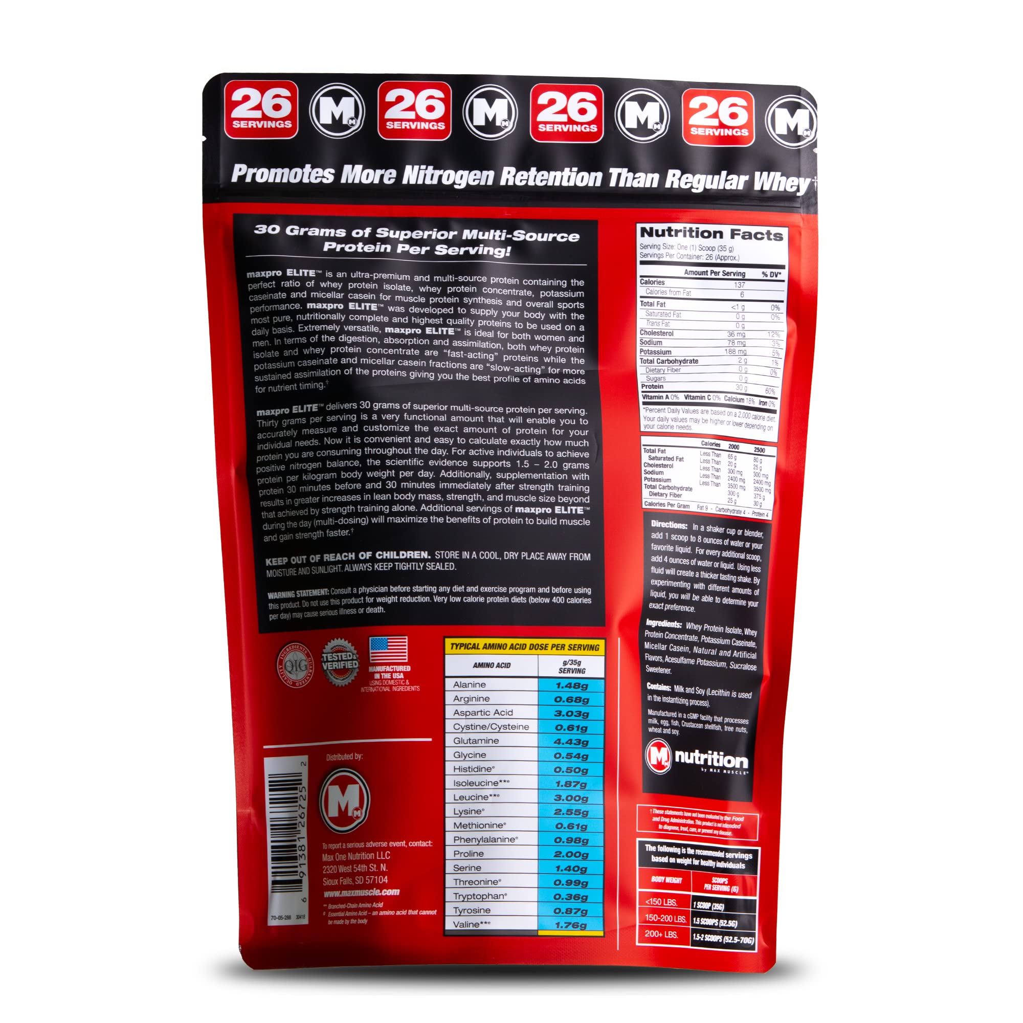 Max Muscle Maxpro Elite: cucharón de proteína para medir dosis y apoyar la recuperación.