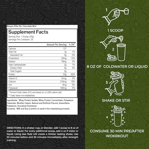 Max Muscle Maxpro Elite: etiqueta sabor chocolate menta para consumo post-entrenamiento.