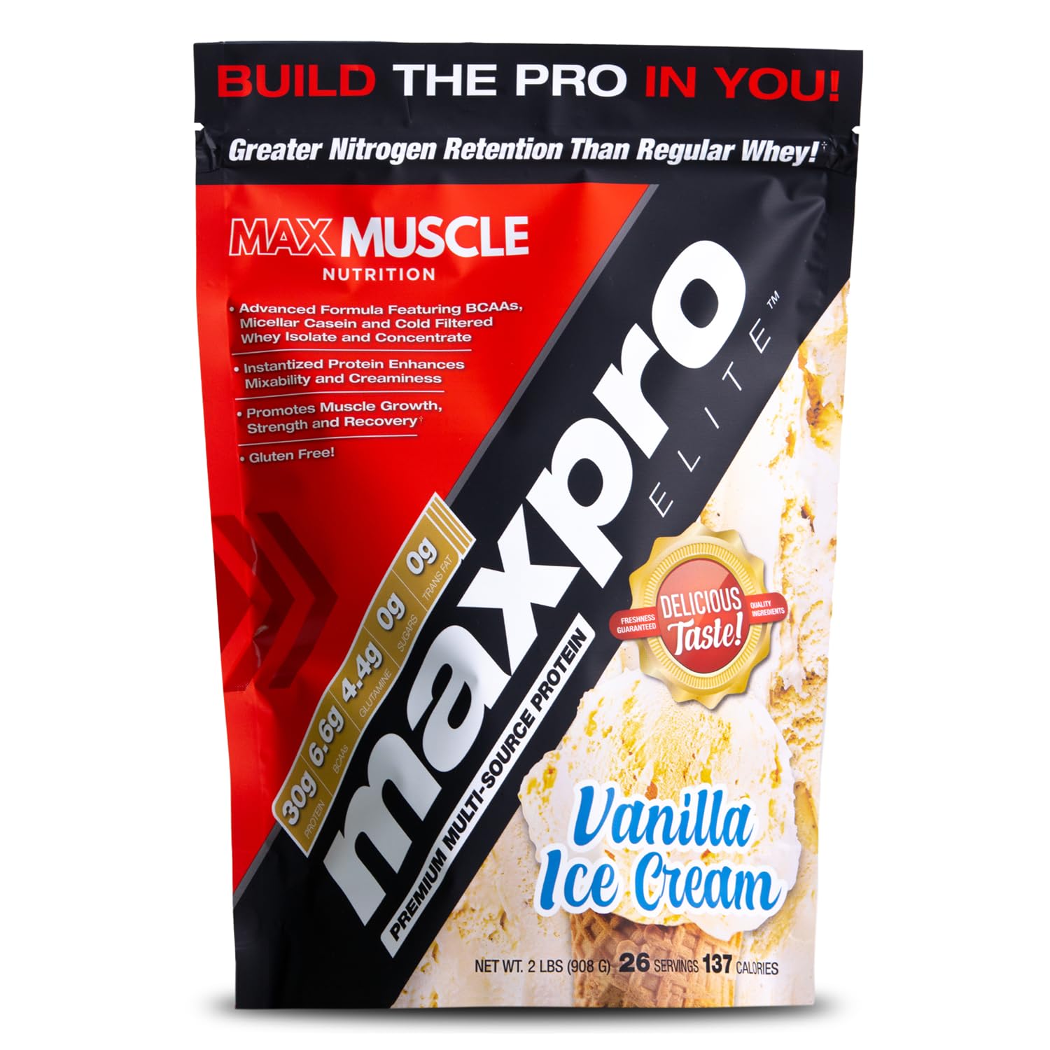 Max Muscle Maxpro Elite proteína de suero vainilla, empaque de 2 lb para uso diario