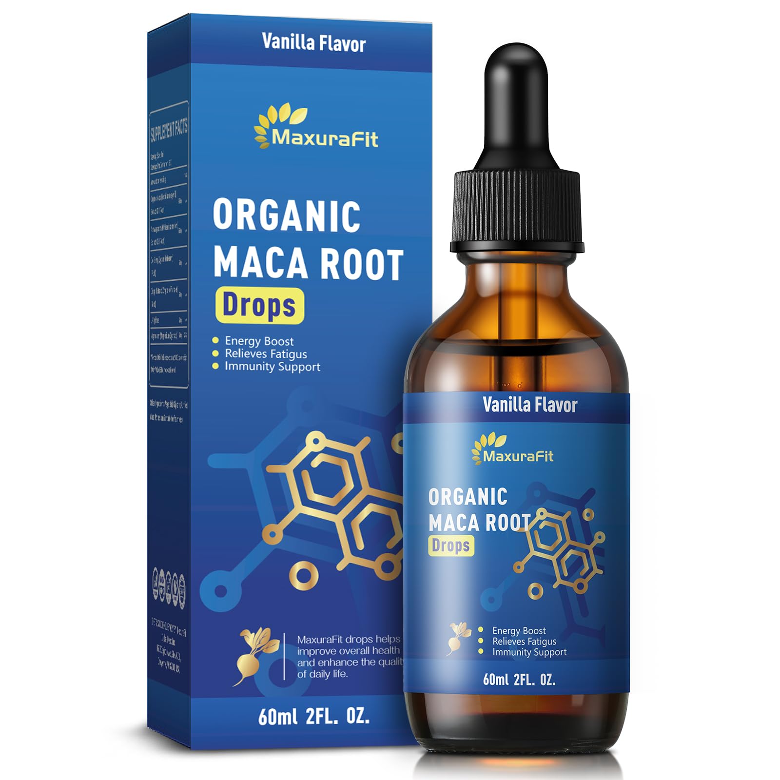 MaxuraFit gotas maca-ashwagandha en botella para energía sostenida