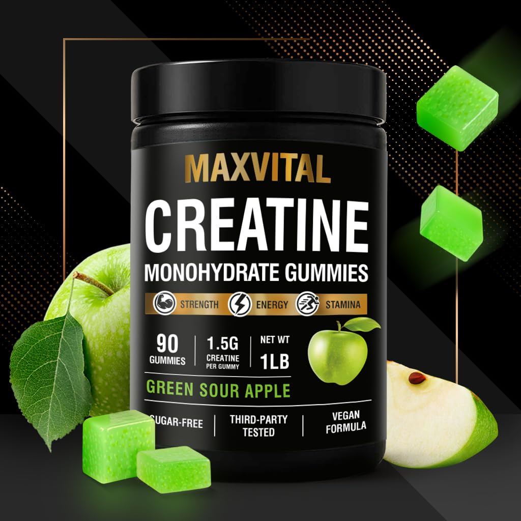 MAXVITAL Creatina Monohidrato gomitas, dosis diaria para mantener rendimiento durante rutinas.