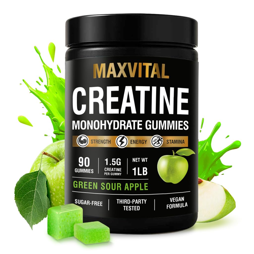 MAXVITAL Creatina Monohidrato gomitas de manzana verde para entrenamiento diario.