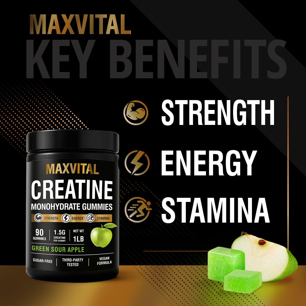 MAXVITAL Creatina Monohidrato gomitas, pre-entrenamiento sin estimulantes para mayor resistencia.