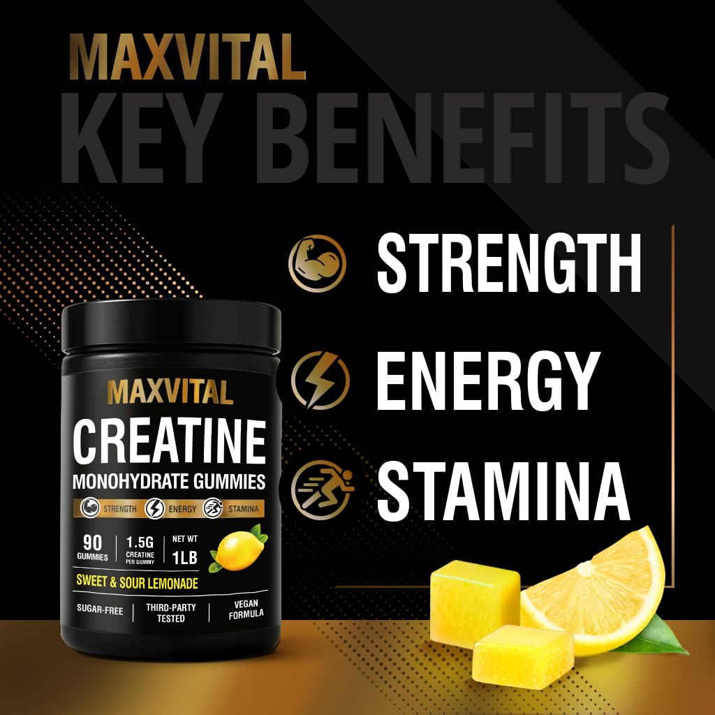 MAXVITAL Creatine Monohidrato gomitas para recuperación muscular tras entreno.