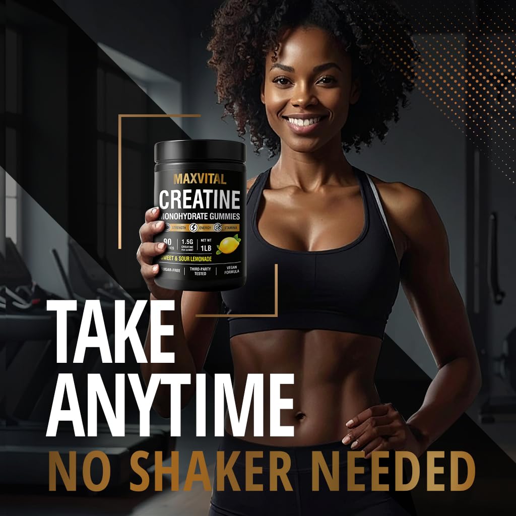 MAXVITAL Creatine Monohidrato gomitas, textura suave para masticar sin esfuerzo diario.