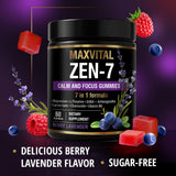 MAXVITAL Zen-7 gomitas frente al empaque, opción sin azúcar para calma diaria.