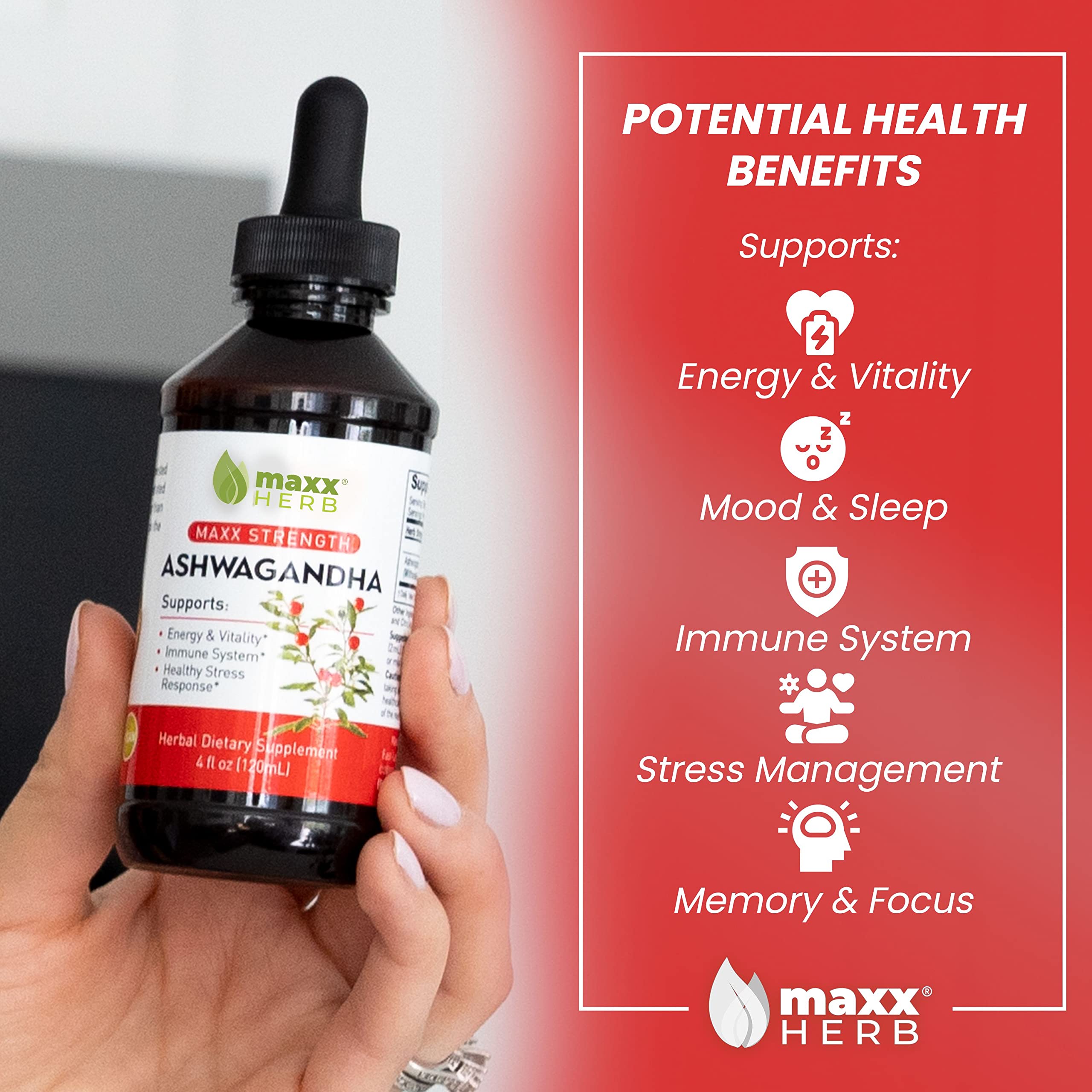 Etiqueta del producto Maxx Herb Ashwagandha Extract que indica origen y fecha de fabricación.
