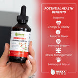 Etiqueta del producto Maxx Herb Ashwagandha Extract que indica origen y fecha de fabricación.