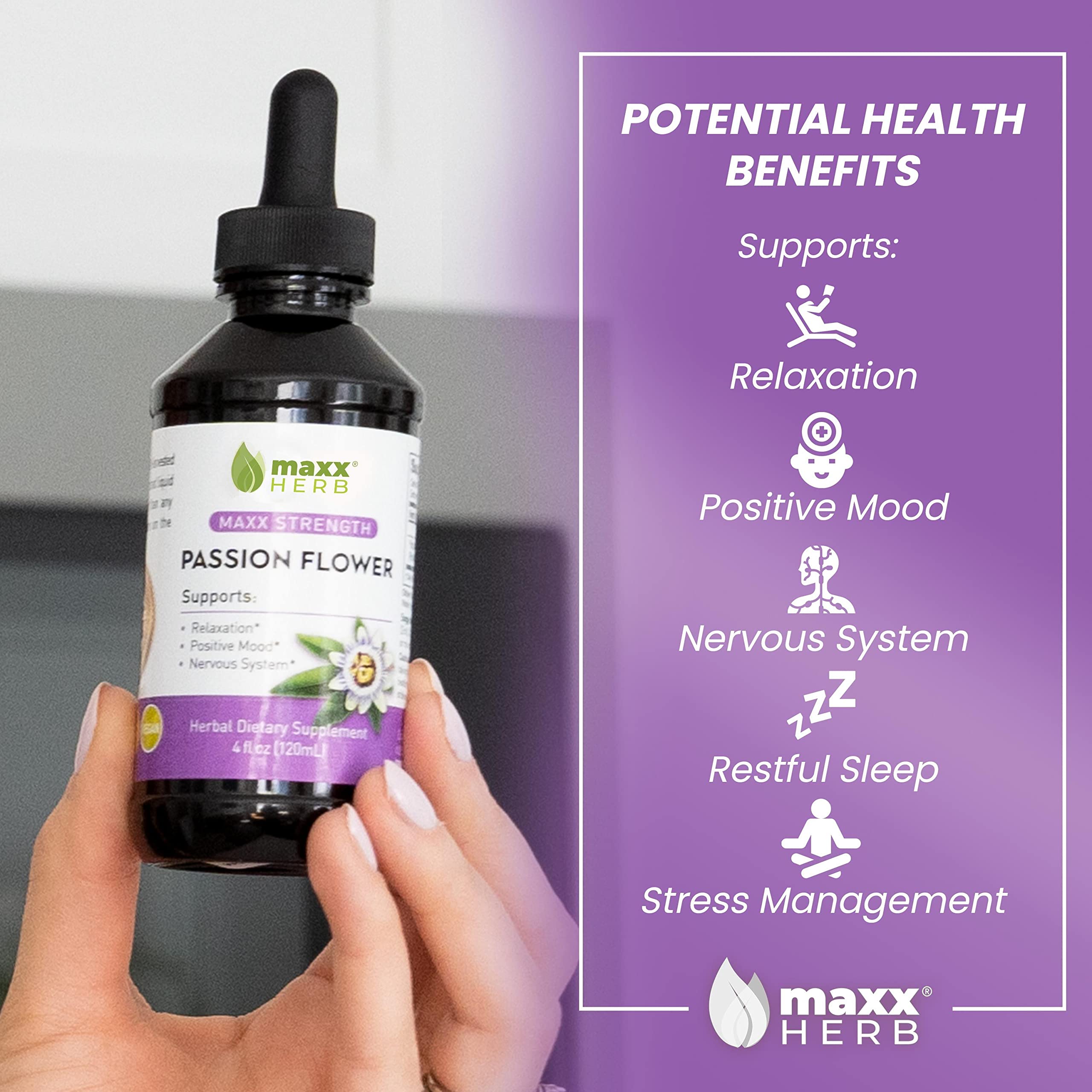 Maxx Herb extracto flor de pasión, etiqueta legible para uso seguro
