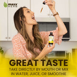 Etiqueta de Maxx Herb Melisa, fabricado en EE. UU. y control de calidad.