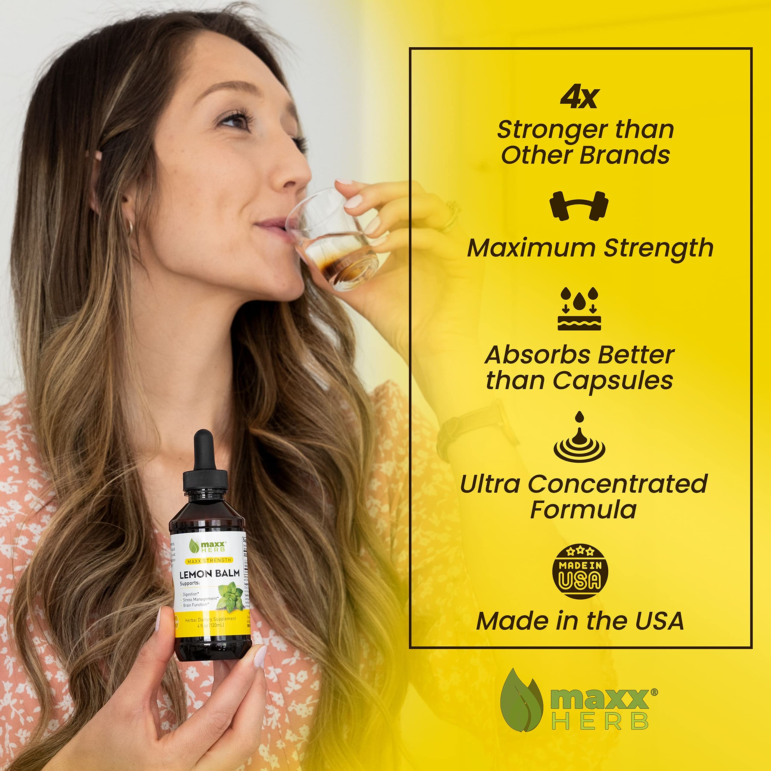 Gotero de melisa Maxx Herb para dosificación precisa y absorción rápida.