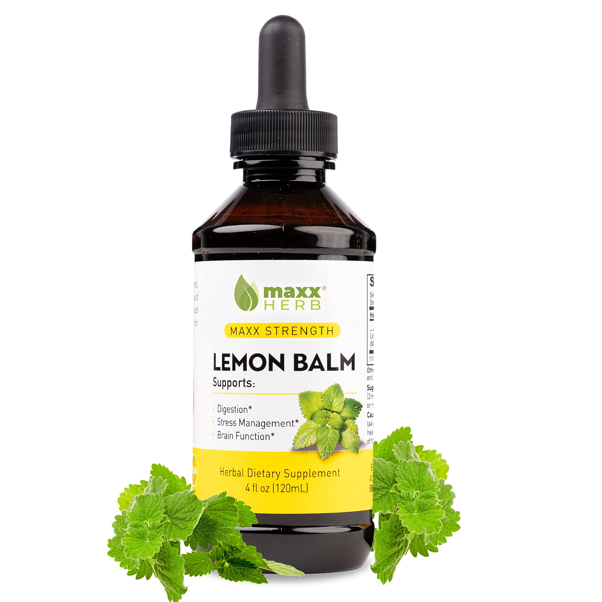 Botella de extracto de melisa Maxx Herb para apoyo nervioso y manejo del estrés.