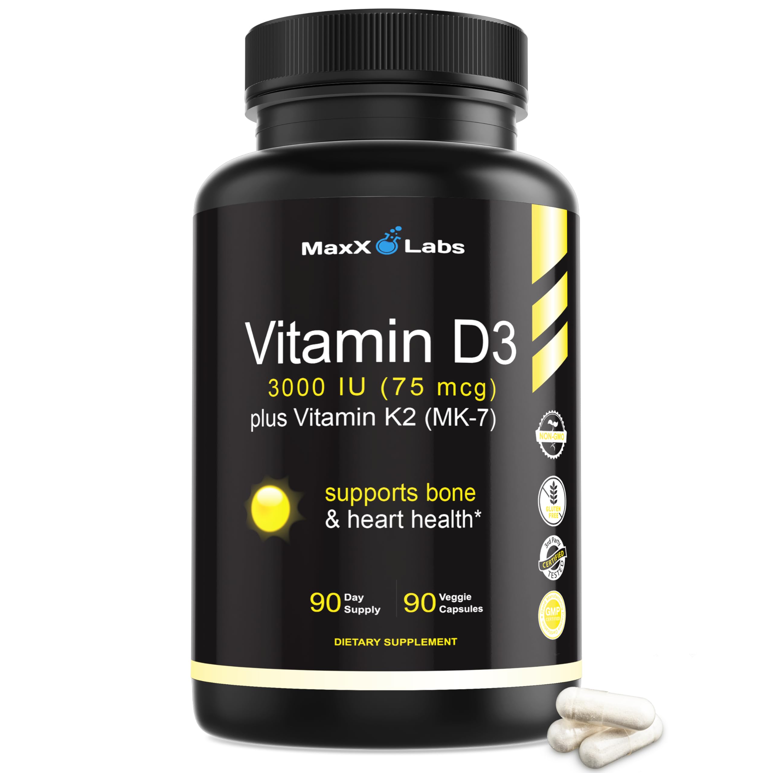MaxX Labs Vitamina D3 K2, cápsulas, apoyo a huesos y dientes sanos.
