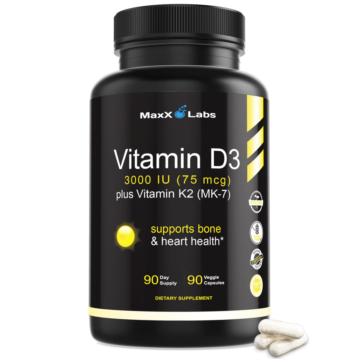 MaxX Labs Vitamina D3 K2, cápsulas, apoyo a huesos y dientes sanos.