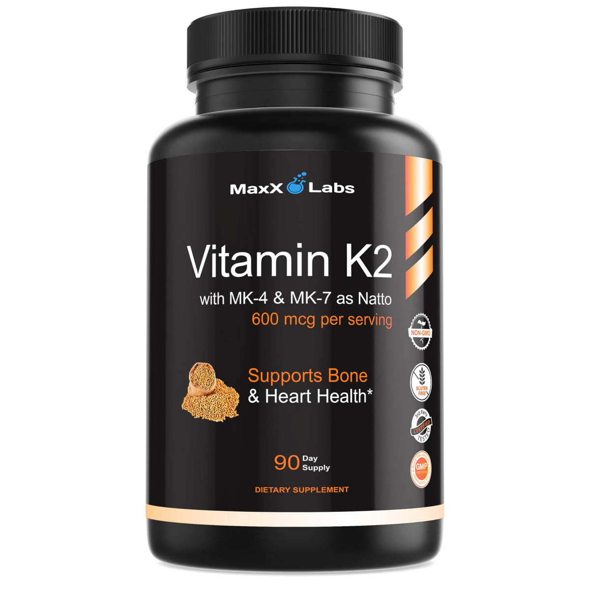 MaxX Labs Vitamina K2: botella con cápsulas y posible apoyo para huesos sanos.