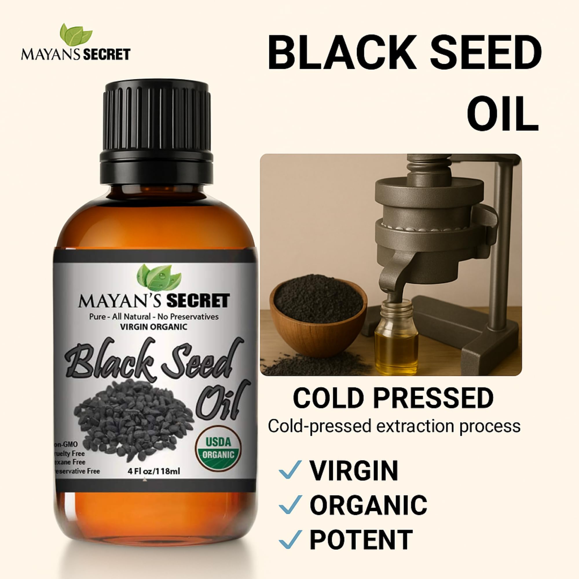 Mayan's Secret etiqueta en frasco, aceite orgánico certificado
