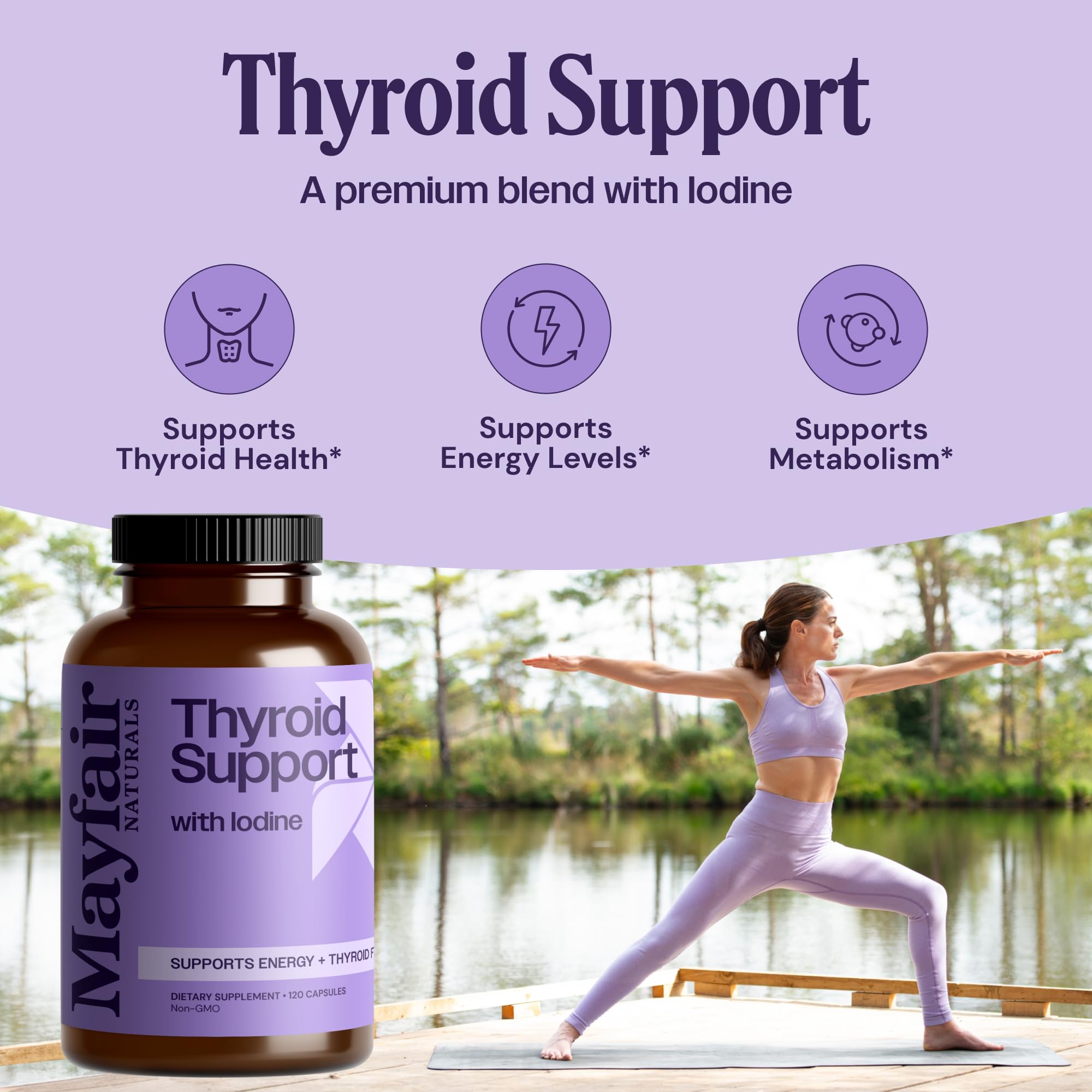 Mayfair Naturals tiroides detalle cápsulas, dosificación conveniente para tu rutina.