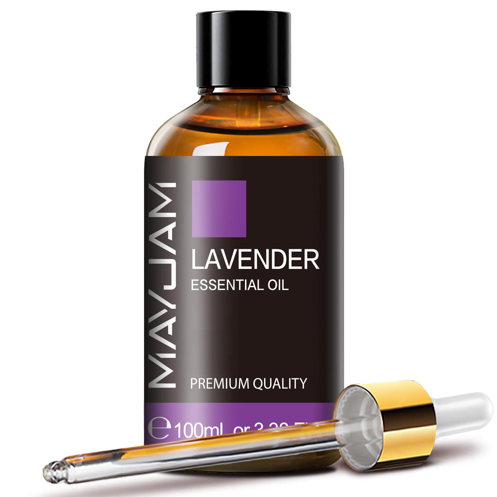 MAYJAM Aceite Esencial de Lavanda en frasco ámbar para difusores, aroma relajante para ambientes.