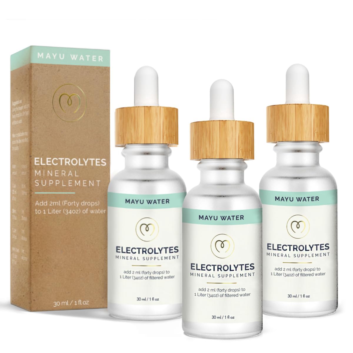 MAYU gotas electrolitos concentrados, botella frontal para hidratación rápida.