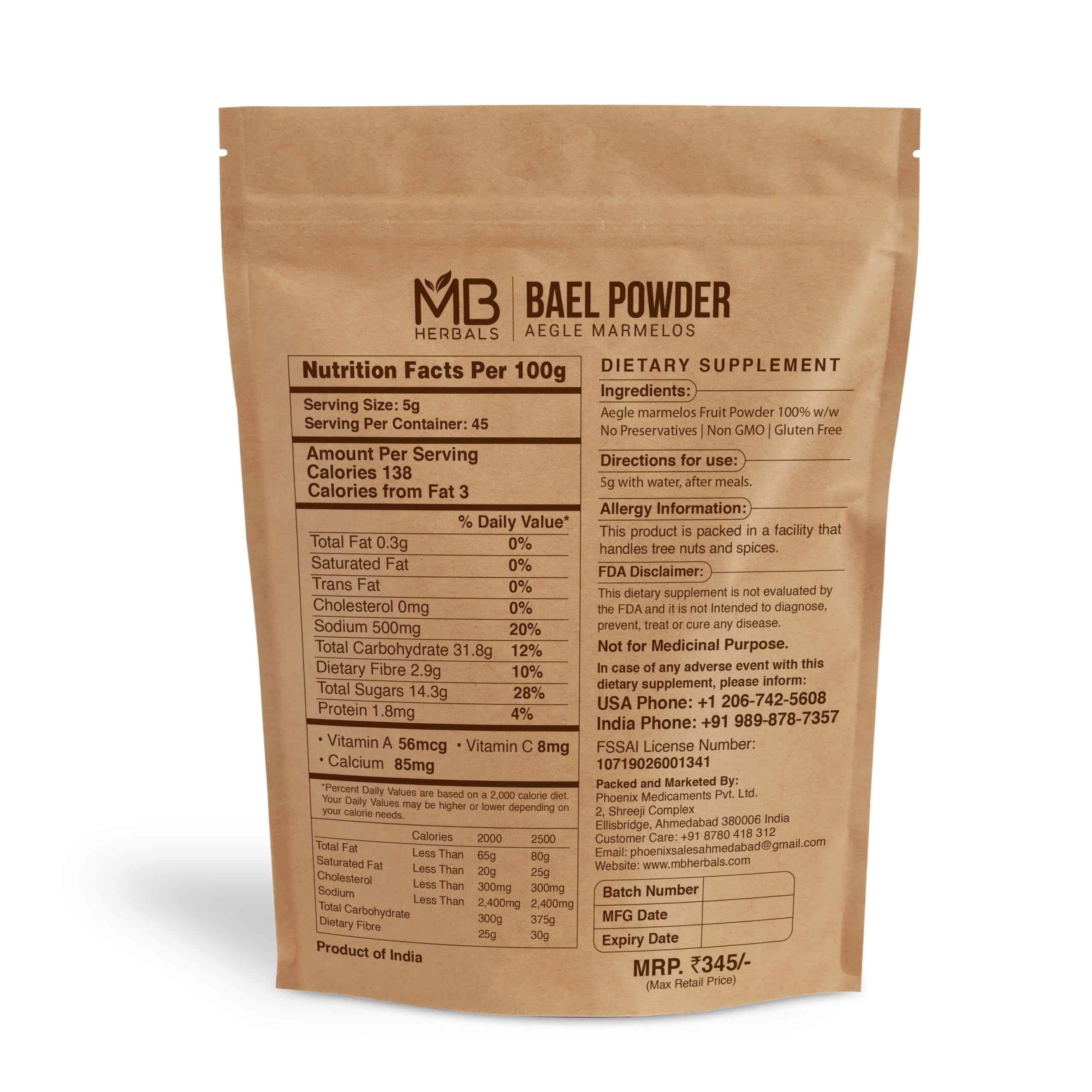 MB Herbals Bael Polvo, etiqueta y empaque para uso culinario