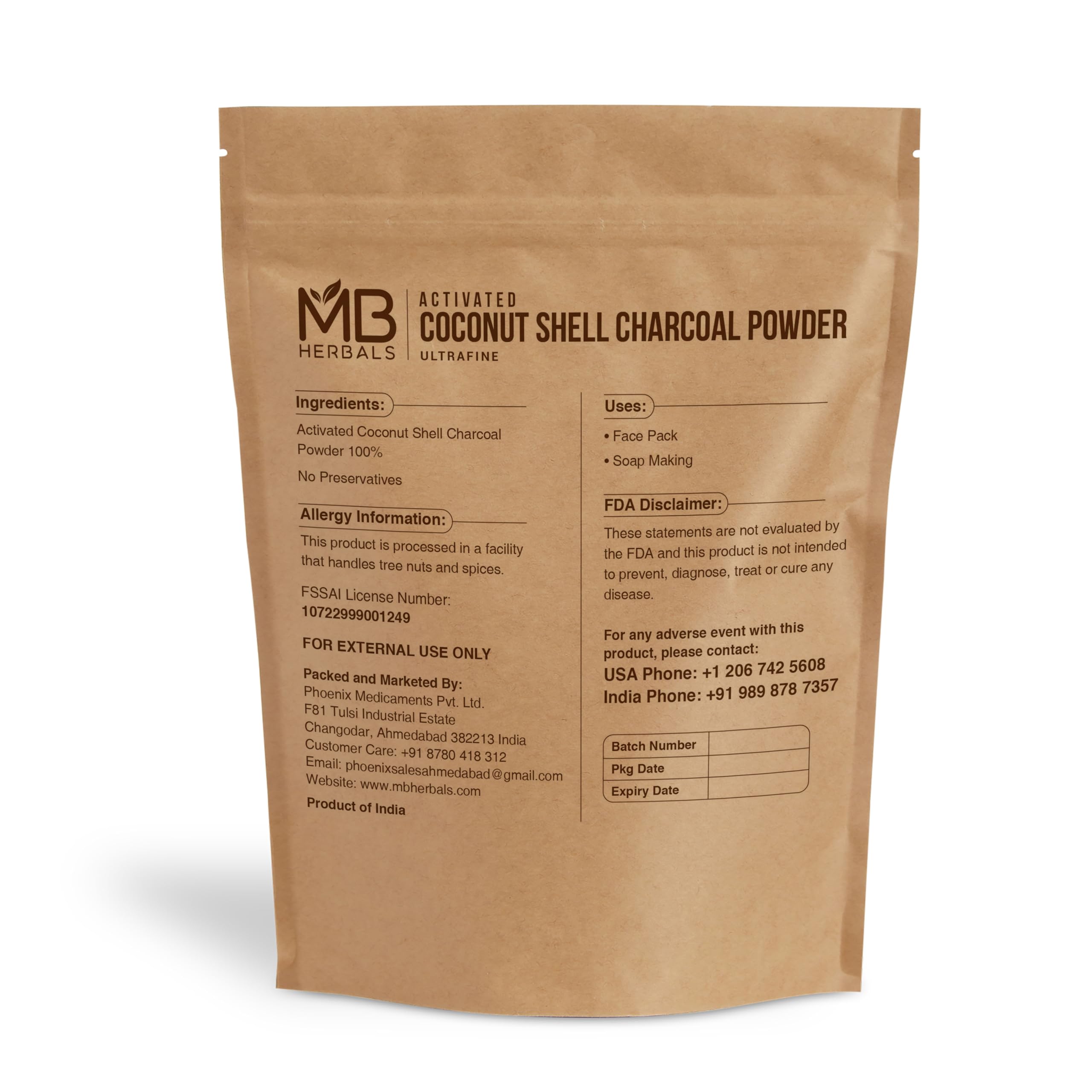 MB Herbals polvo carbón activado coco 100 g detalle-envase, útil en mezclas dentales y jabones.