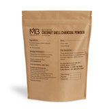 MB Herbals polvo carbón activado coco 100 g detalle-envase, útil en mezclas dentales y jabones.