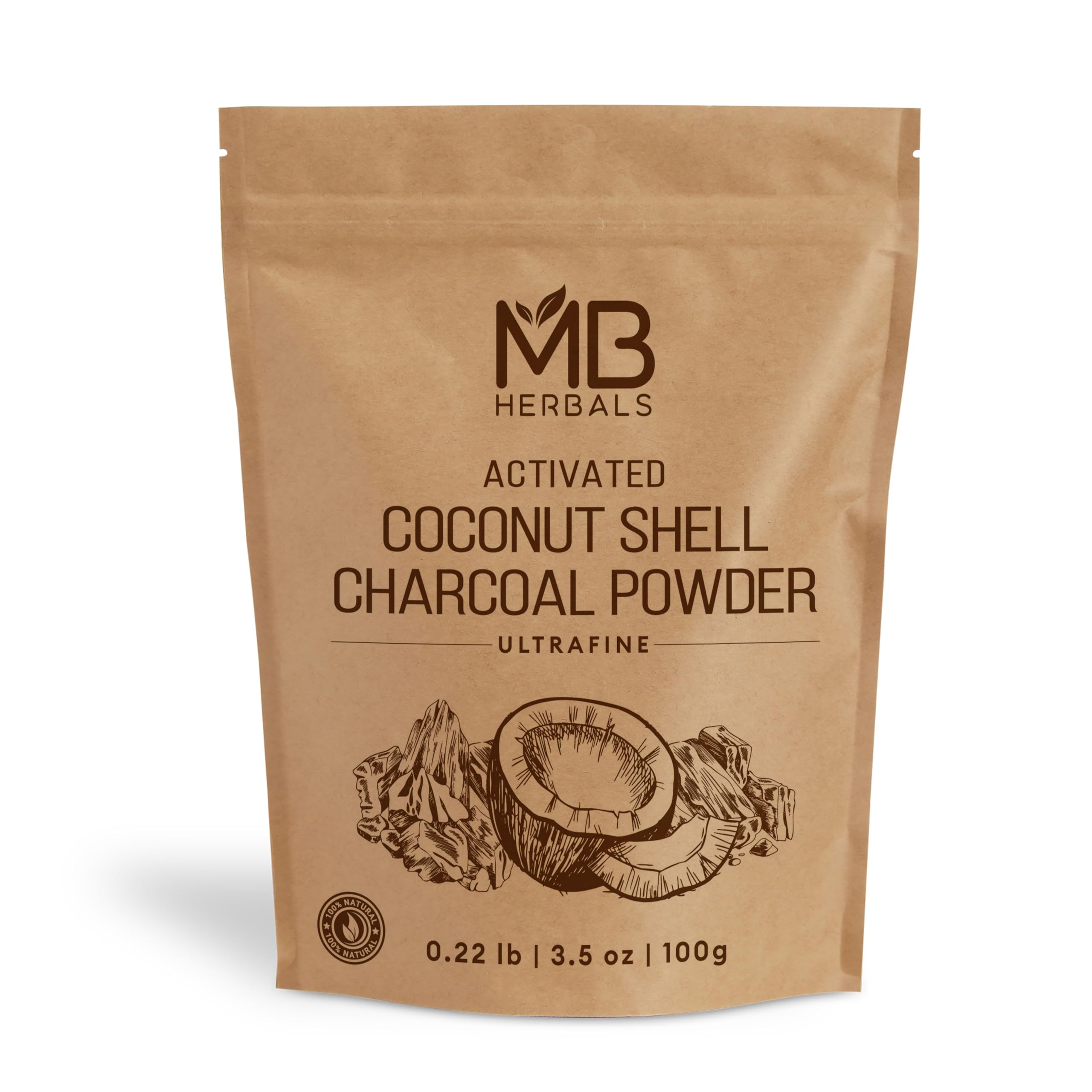 MB Herbals polvo carbón activado coco 100 g frente, ideal para mascarillas faciales.