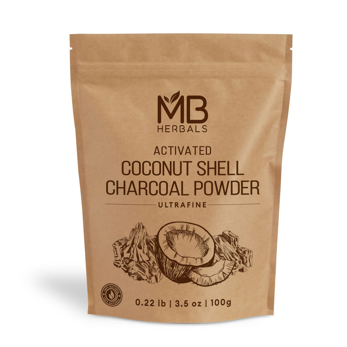 MB Herbals polvo carbón activado coco 100 g frente, ideal para mascarillas faciales.