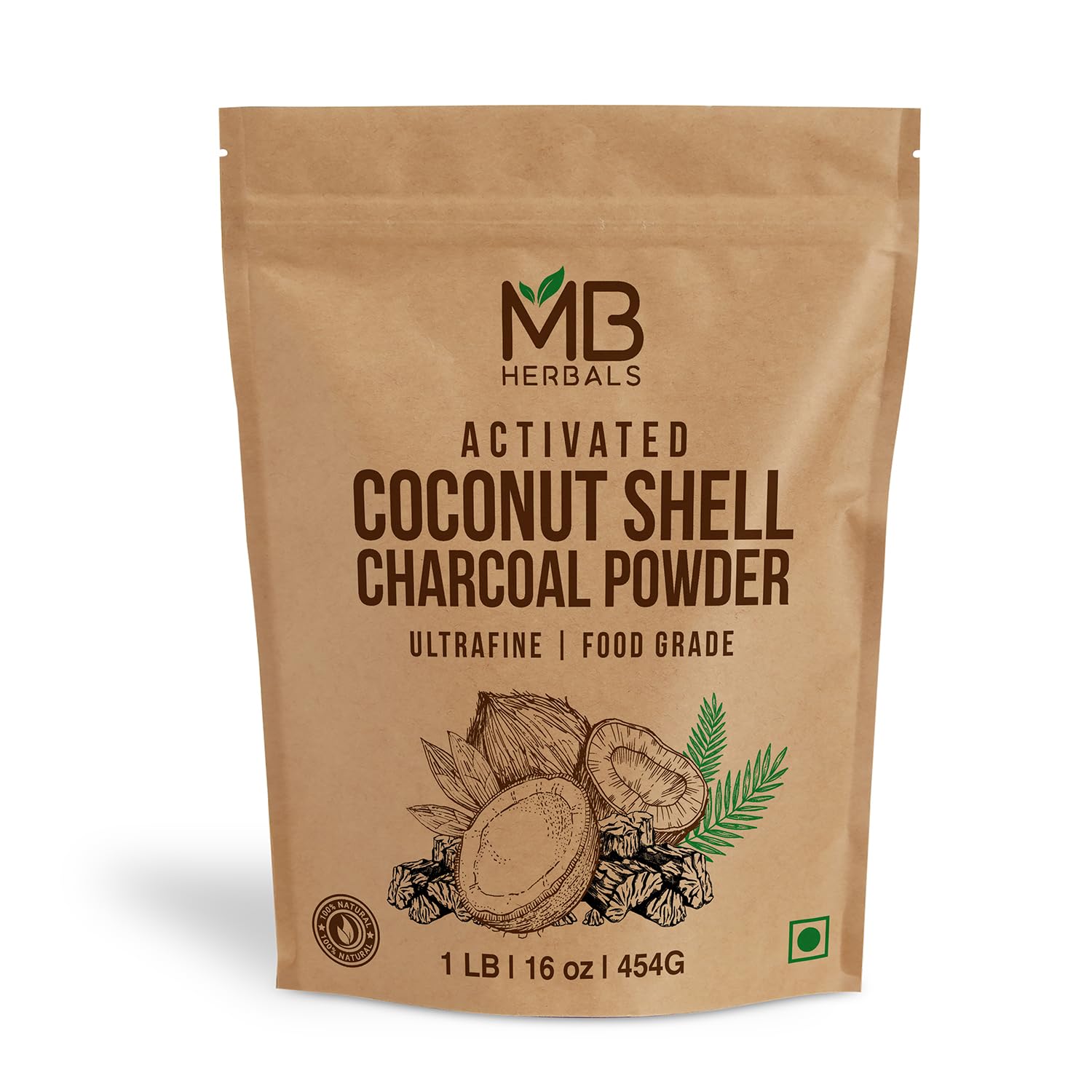 MB Herbals polvo de carbón activado de coco en envase, ideal para mascarillas faciales y jabones.