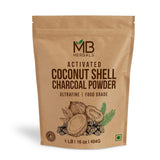 MB Herbals polvo de carbón activado de coco en envase, ideal para mascarillas faciales y jabones.
