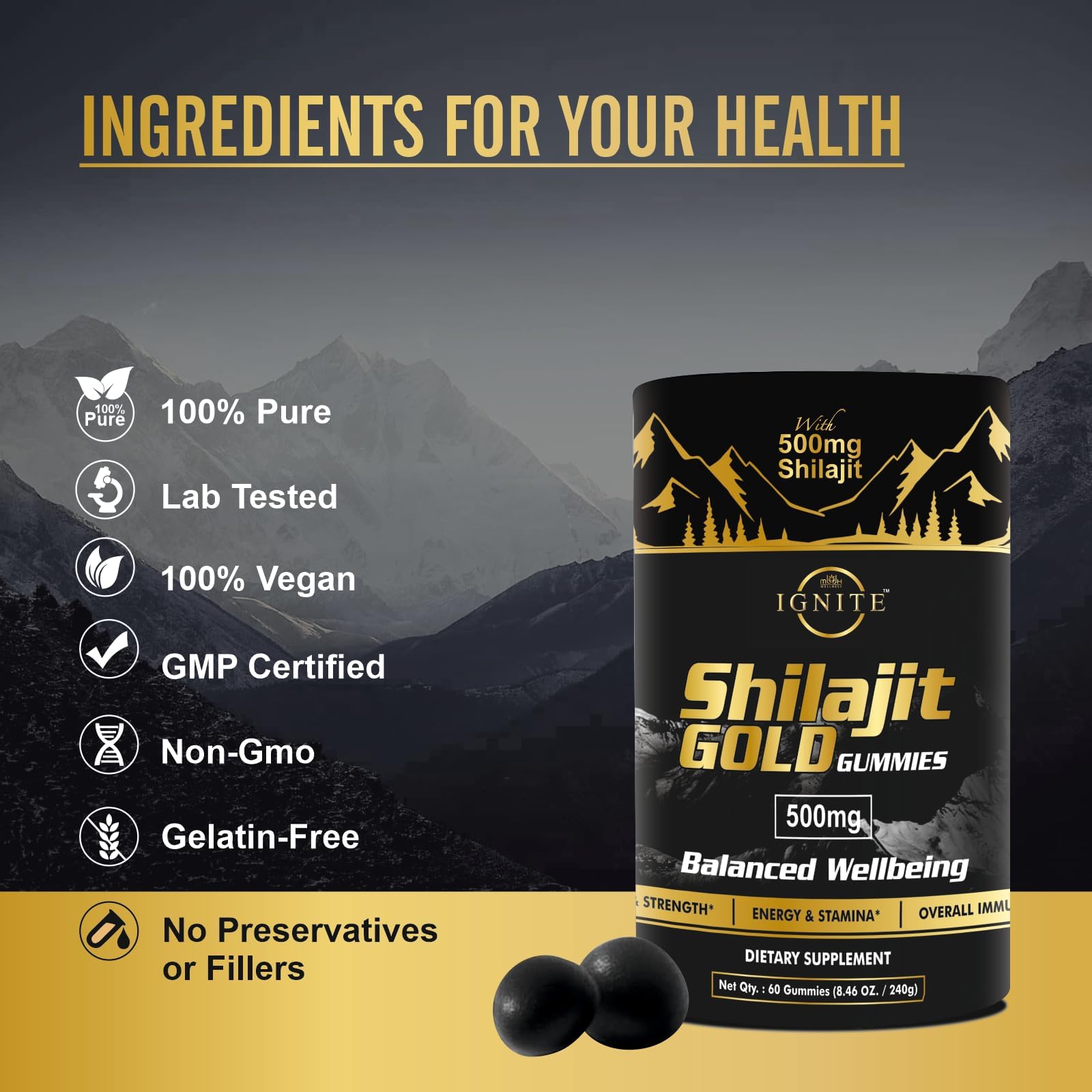 Etiqueta dorada Shilajit MBDH Wellness denota calidad y autenticidad.