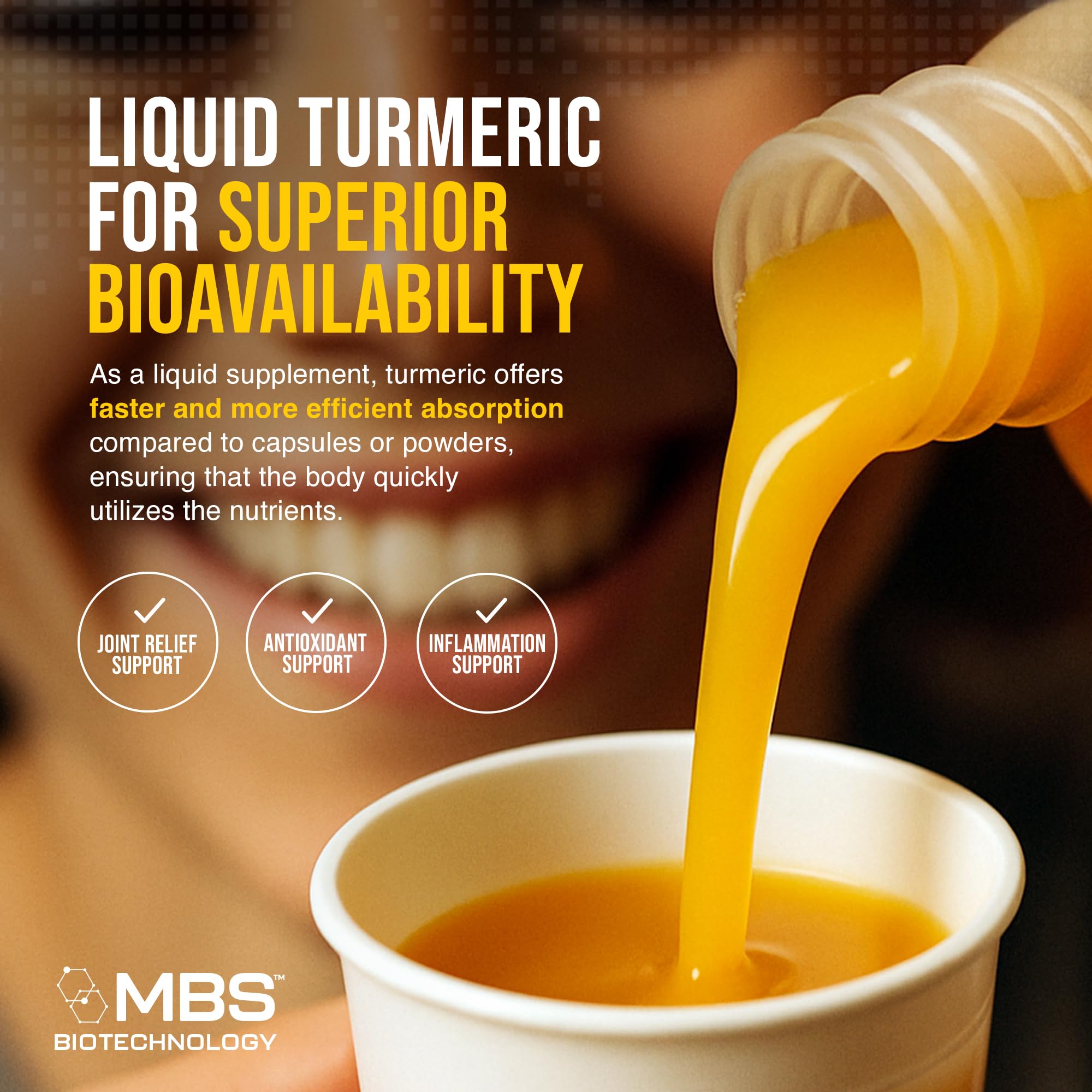 mbs biotechnology curcuma líquida en cocina, presentación de 20 onzas para consumo diario.