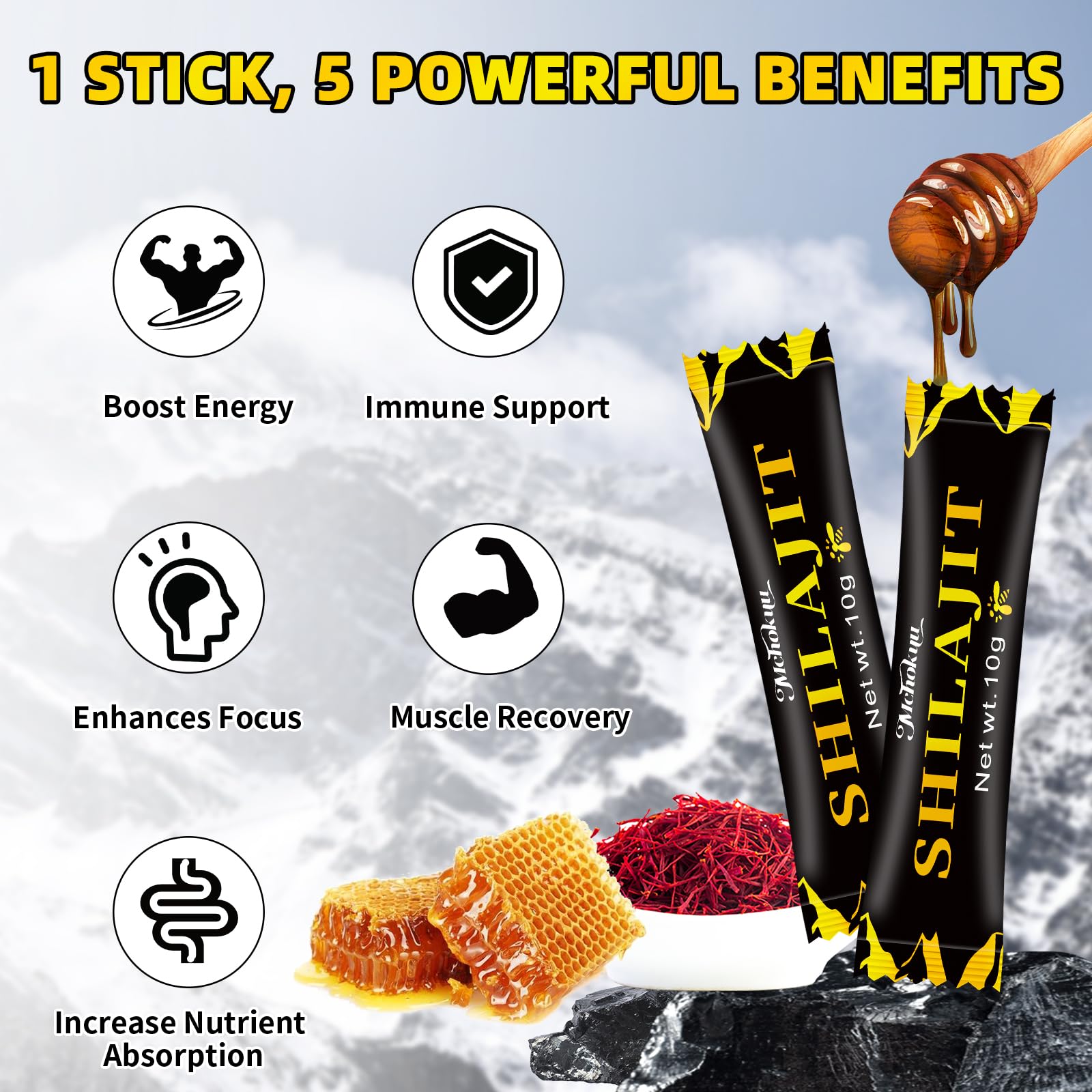 Barras Mchokuu Miel Shilajit mezcladas en bebida para sabor natural