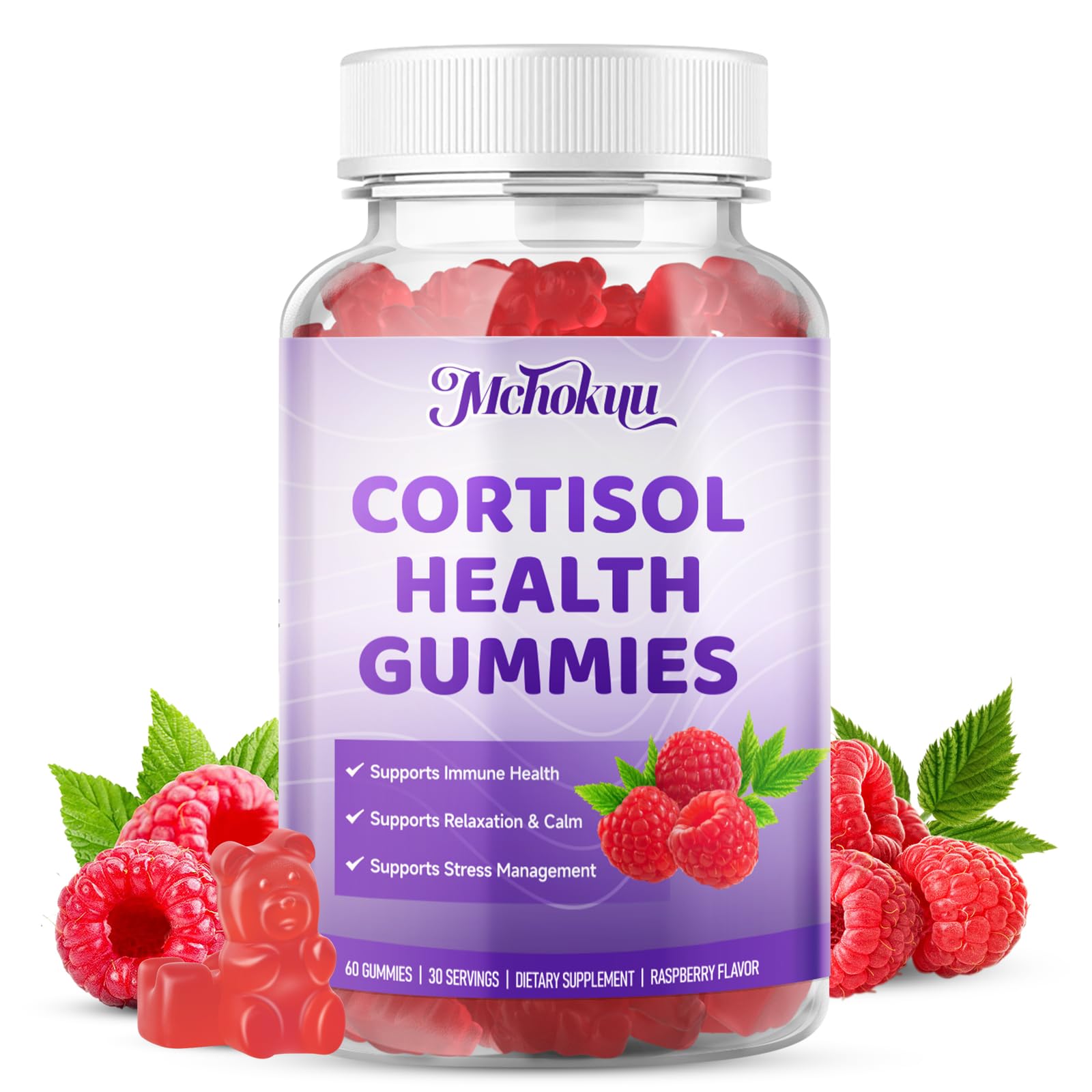 Gomitas Mchokuu cortisol sabor frambuesa en envase, fácil consumo diario.
